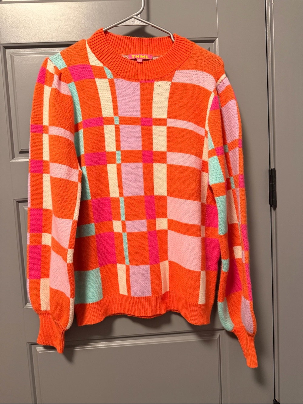 THML Long Sleeve Knit Orange Plaid Colorblock Crewneck Sweater MEDIUM